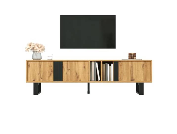 Ropilly TV-Schrank 160 cm Holzoptik, Lowboard mit schwarzen Eisenbeinen Asymmetrisches Lowboard mit 3 Türen, robuster PB/MDF‑Korpus, ausgelegt für Geräte bis 60 kg.