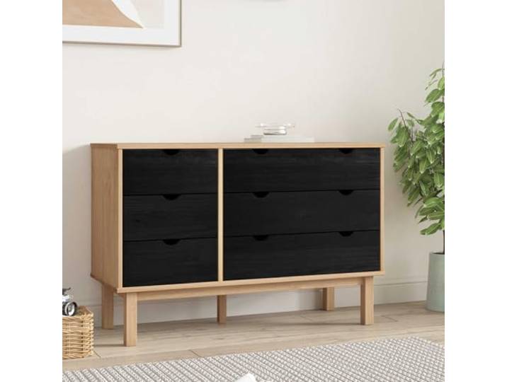 Kommode mit 6 Schubladen, schwarz, 111 x 43 x 73,5 cm, Massivholz, Kiefer Wasserfest, großer Raum, pflegeleicht, skandinavisches Design, kippsichere Vorrichtung