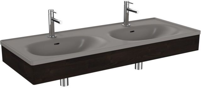 VitrA Equal Doppelmöbelwaschtisch-Set 66063 130x52cm, mit Möbelwaschtisch asymmetrisch, steingrau matt, mit Holzblende ulme