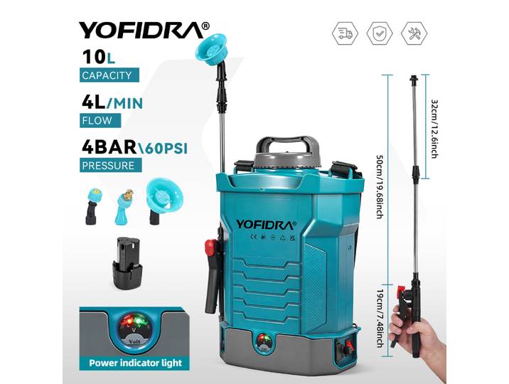 Pulvérisateur électrique YOFIDRA 10L haute capacité pour jardin et pelouse, pulvérisateur à dos haute pression, outil électrique