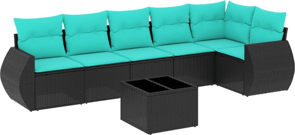 7-teiliges Gartensofa-Set mit Kissen, schwarzes Polyrattan
