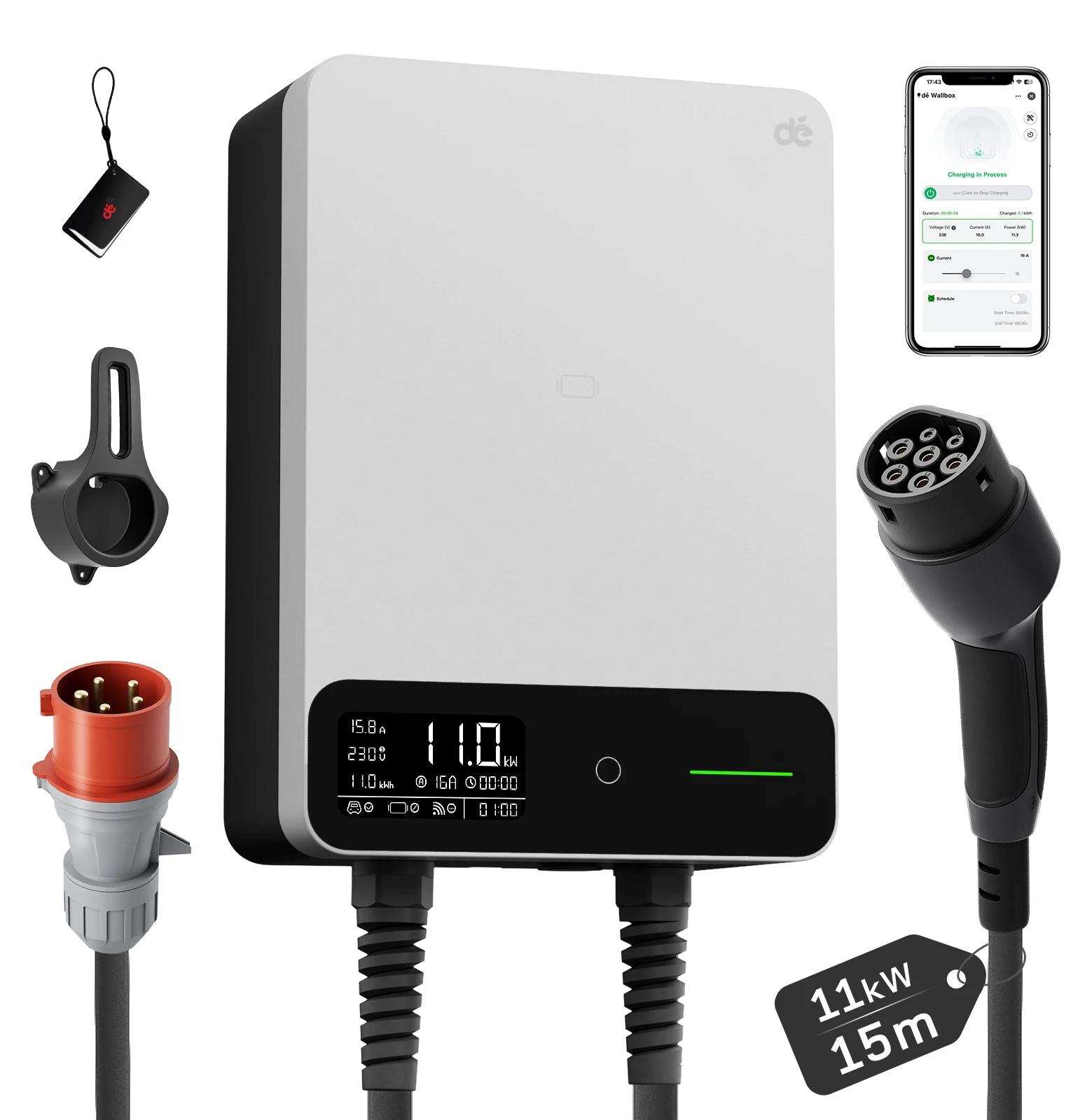 Wallbox-Ladestation Typ 2 - 11 kW - 16 A - 3-phasig - WLAN-App-Steuerung - 15 m Ladekabel - Weiß