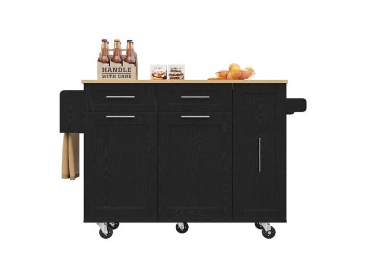 Îlot cuisine moderne + buffet + chariot salle à manger bois + table multifonction rangement + chariot étagères extensible noir