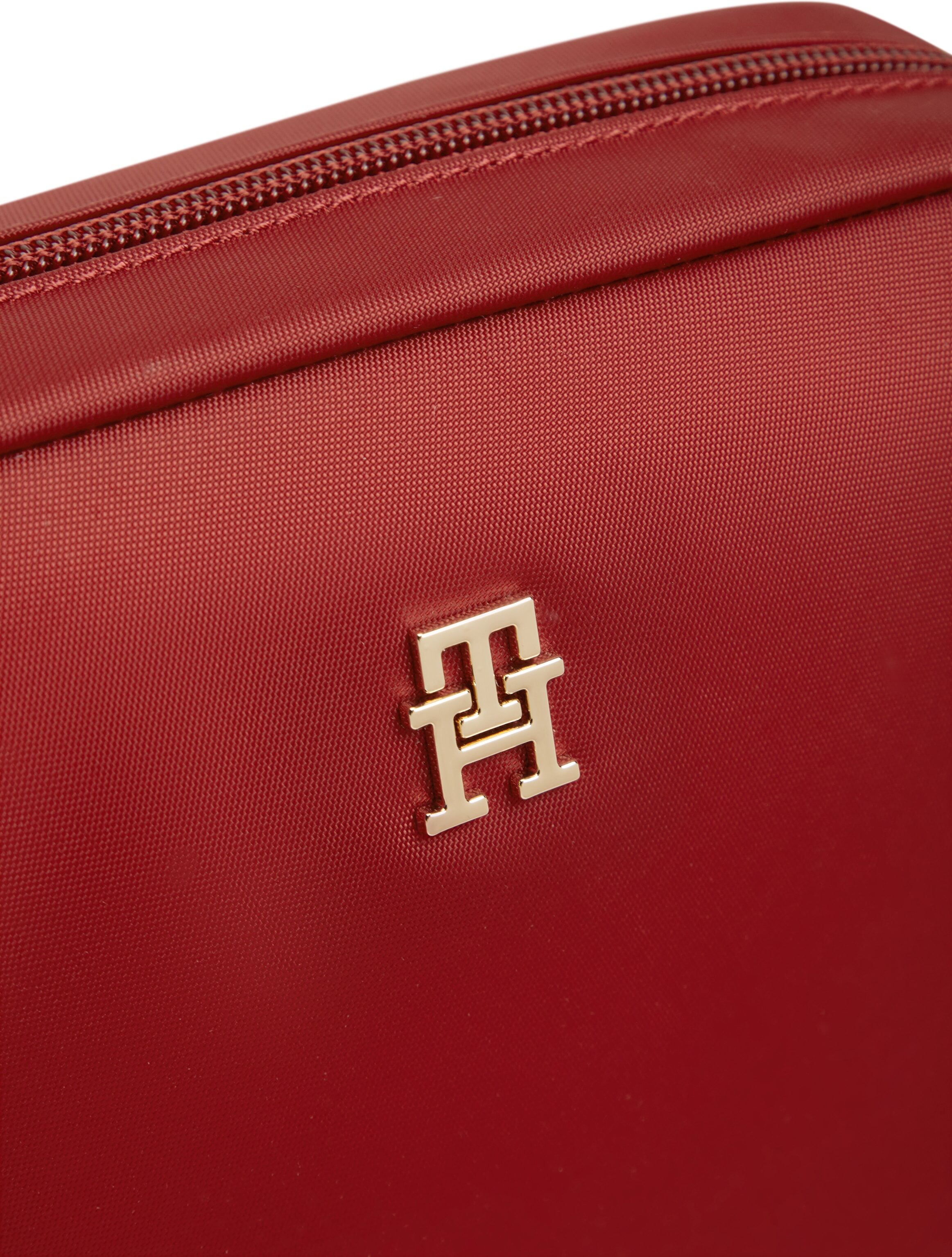 Mini Bag TOMMY HILFIGER "POPETTE CAMERA BAG", Damen, Gr. B/H/T: 22cm x 15cm x 6,5cm, rot, Leder, Nylon, Taschen Mini Bag, Damen Umhängetasche, Schultertasche mit TH-Schmuckelement rot B/H/T: 22cm x 15cm x 6,5cm