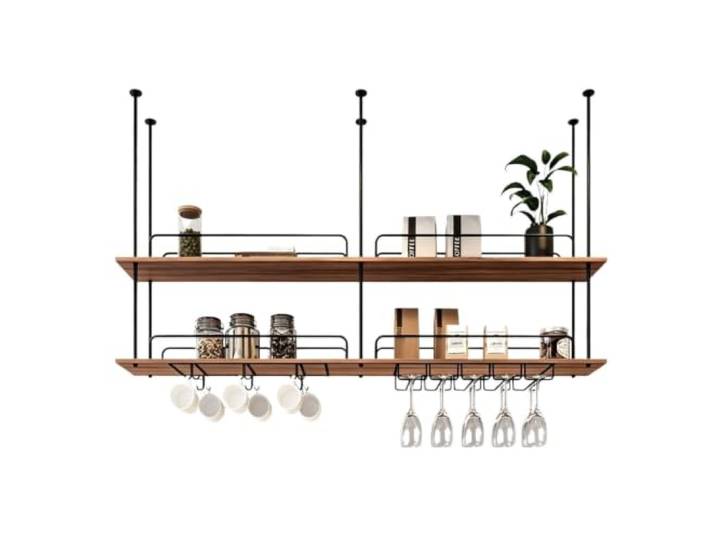 Deckenhängendes Aufbewahrungsregal – Küchenregal für Töpfe und Pfannen Esszimmer – Hängende Weinregale, Bar-Weinflaschenregal, 2-stöckiger Gläserhalter(2-TIER-150x30x80cm)