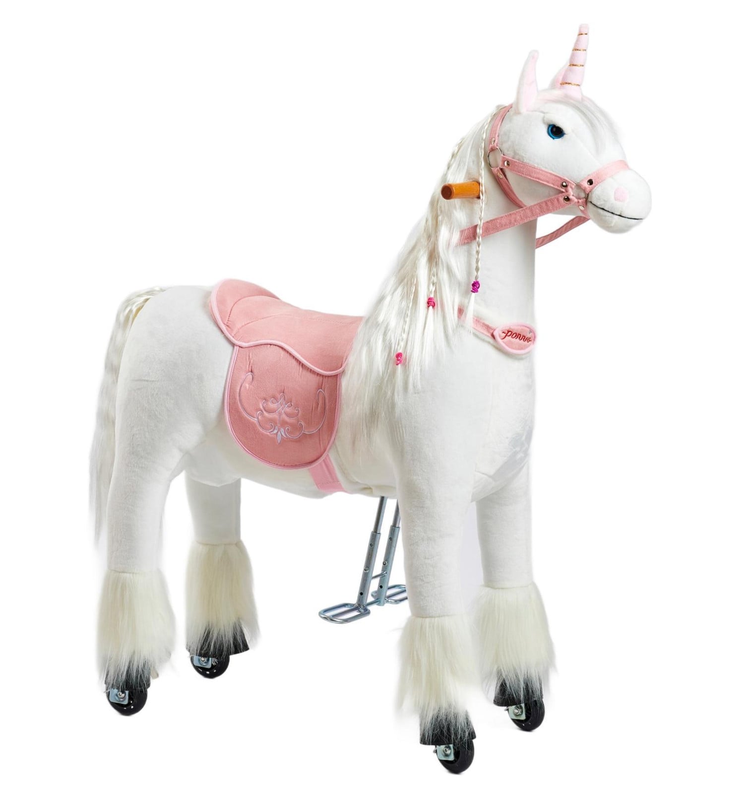 Mechanisch rijdbaar eenhoornpaard Ponnie Merlin M met roze zadel