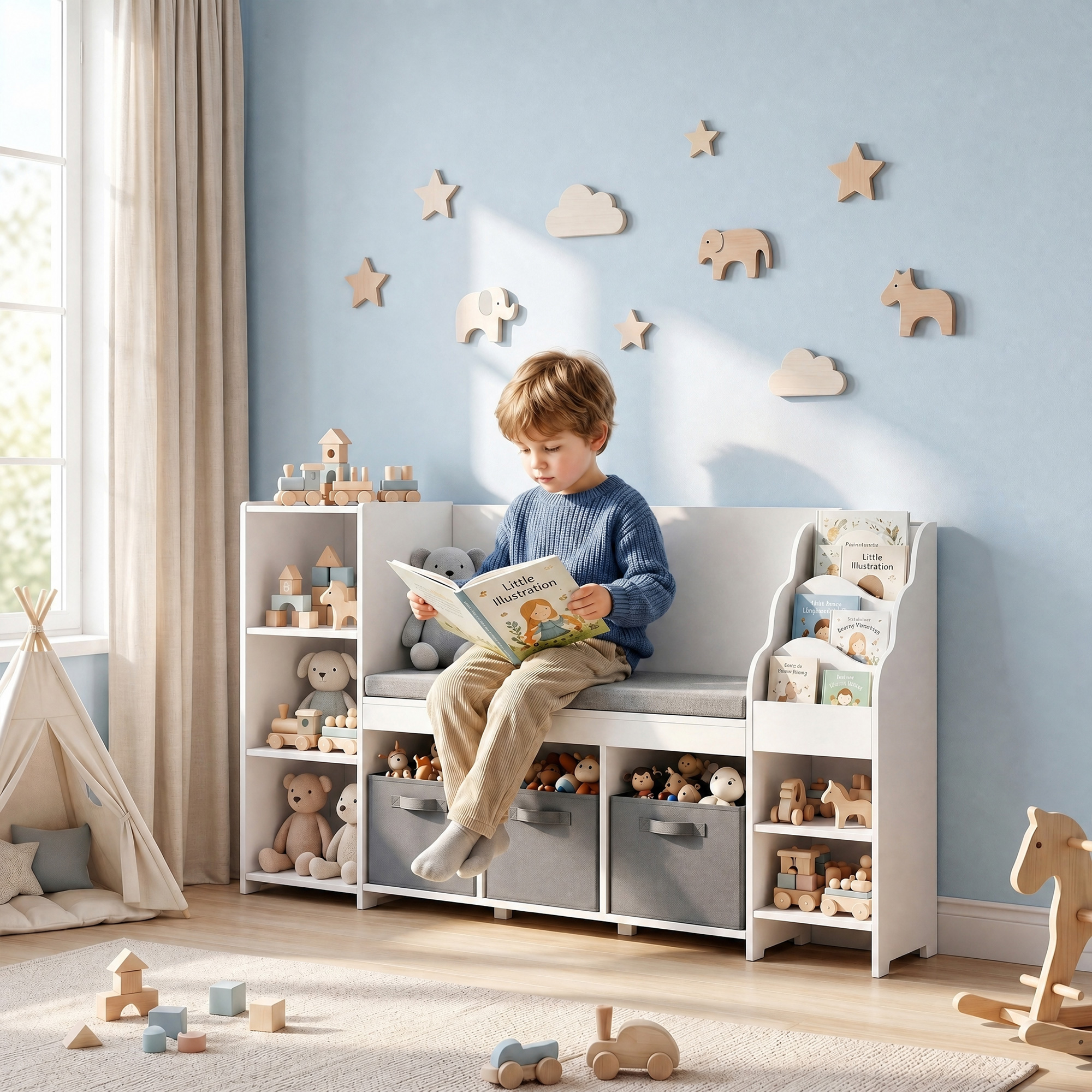 Aiyaplay Scaffale Portagiochi per Bambini 3-8 Anni con Libreria a 3 Livelli, 3 Cassetti, 4 Scomparti, Cuscino, Bianco   Aosom Italy