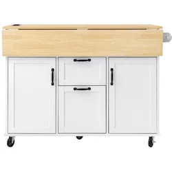 OKWISH Kücheninsel MDF Weiß/Natur 120x40-80x92 cm mit klappbarer Arbeitsplatte, Rollen und Steckdosenleiste