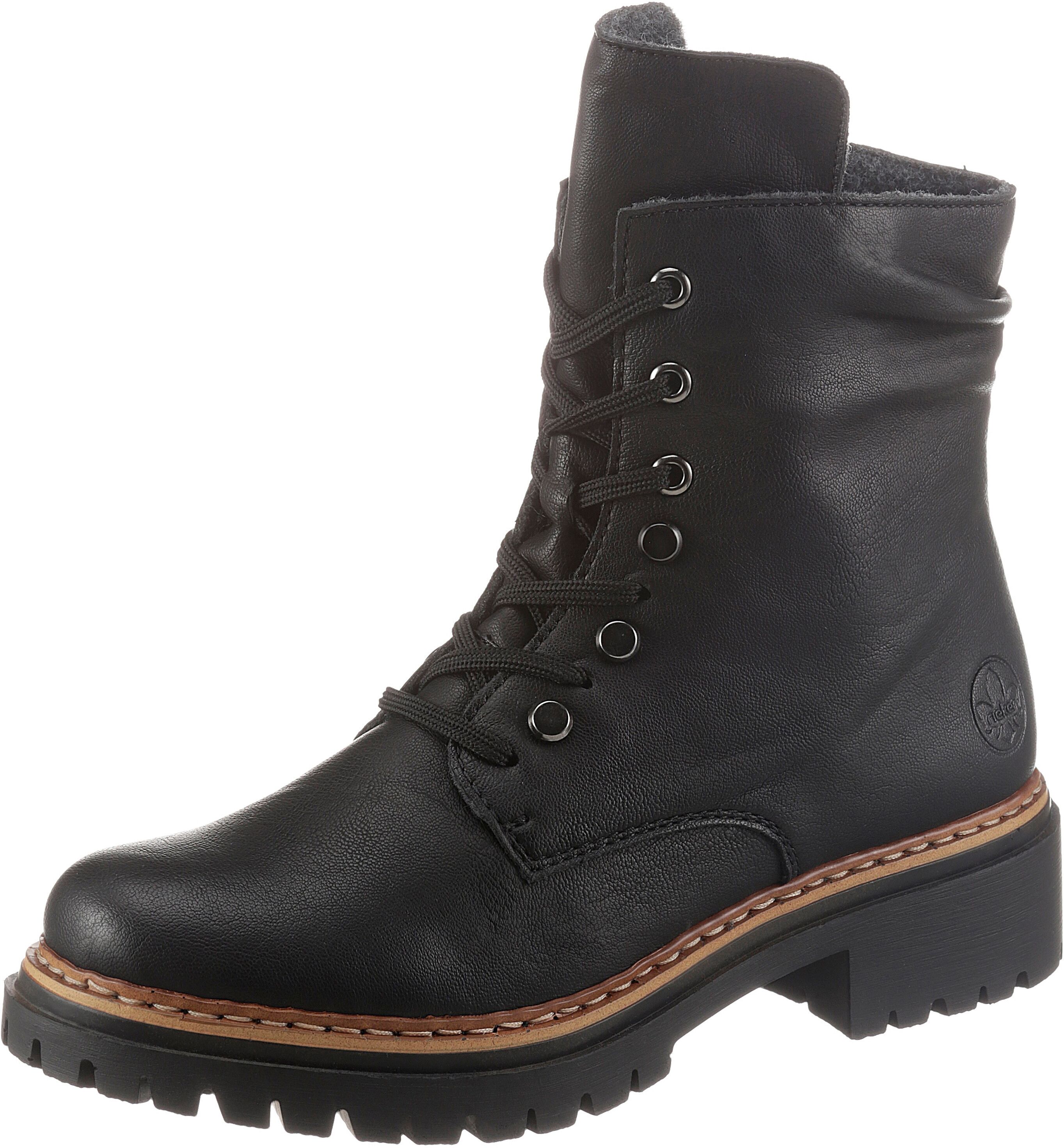 Schnürboots RIEKER, Damen, Gr. 42, wärmend, schwarz, Lederimitat, Schuhe Schnürboots, Stiefelette, Profilsohle, Blockabsatz, mit lässiger Schnürung, Topseller