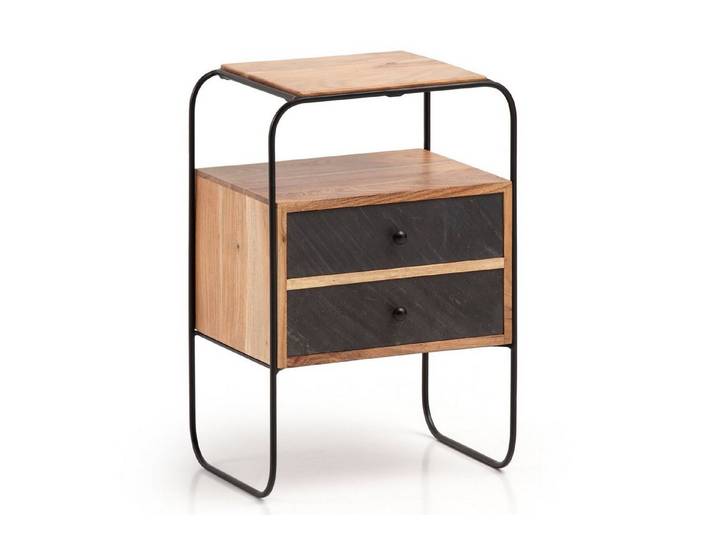 Wohnling Nachttisch WL6.779 Boxspringbett Massivholz Steinoptik 40x60x30 cm Nachtkommod (Akazie Massivholz Metall, 40x60x30cm Boxspringbett), Nachtkonsole Steinoptik, Design Nachtkommode