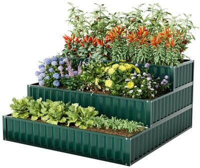 Costway Heavy-Duty Metal Outdoor 3-Tier Raised Garden Bed Planter Box-Green