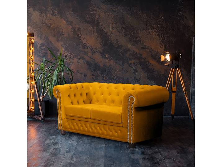2-Sitzer Sofa Gelb/Senfgelb Samt Ravi 148 x 72 x 86cm Schlaffunktion für dauerhafte Nutzung Industrial