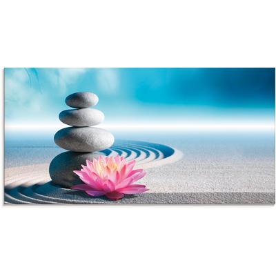 Glasbild ARTLAND "Sand, Lilie und Spa-Steine in Zen-Garten", blau (farbe bild(er): blau), B:100cm H:50cm, Bilder, in verschiedenen Größen