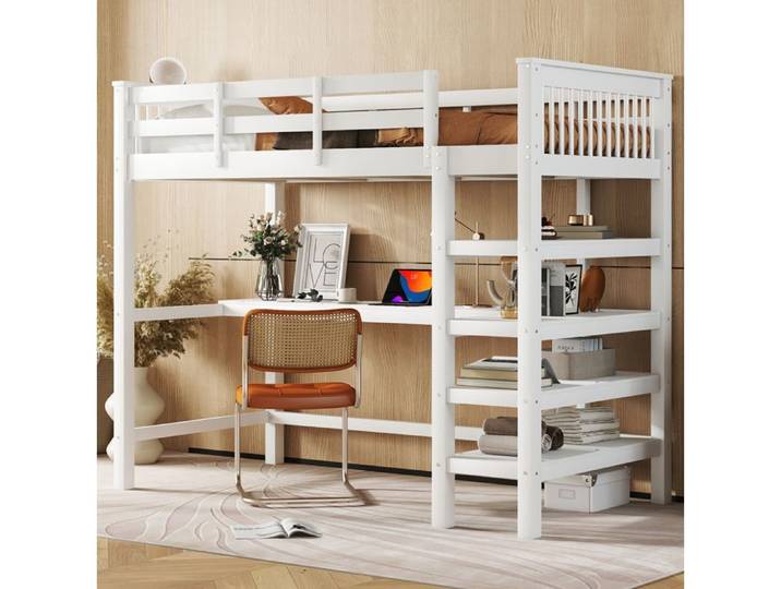 MEULVA Lit mezzanine enfant 90 x 200 cm avec bureau intégré rangements pin et MDF blanc