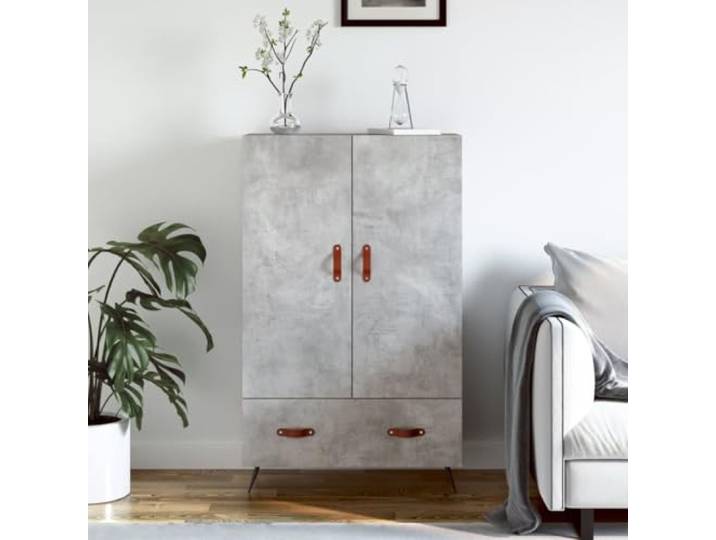 HEFZGDB Stabiles Highboard aus Holzwerkstoff mit glatter Oberfläche in Betongrau mit Metallbeinen, modernes Design mit viel Stauraum, praktisches Highboard mit Türen und Griffen, stabiles