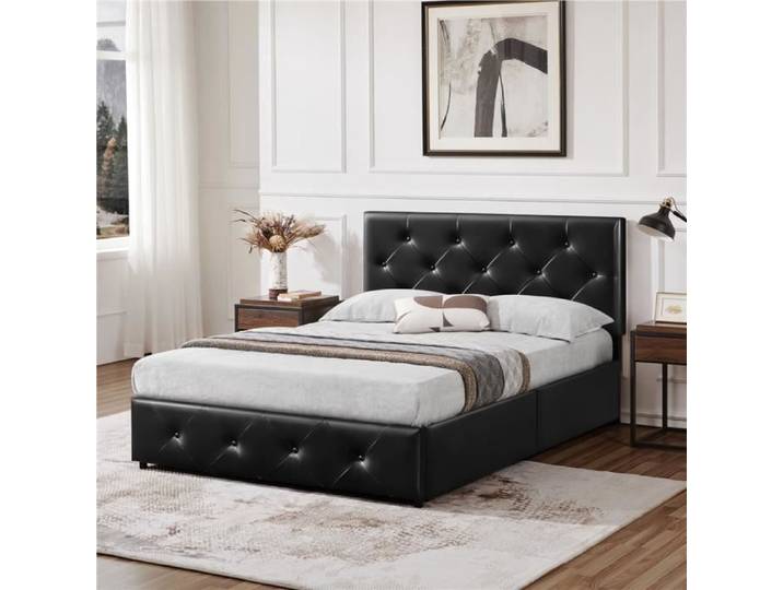 Cadre de Lit 140x200 cm Tête Capitonnée Réglable Tiroirs Sommier à Lattes Bois Massif/Métal Design Double Noir YAHEETECH
