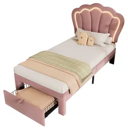 Polsterbett 90x190 cm mit LED-Beleuchtung und Schublade – elegantes Rosa Design mit Stauraum und stimmungsvollem Licht