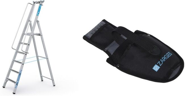 ZARGES Set Stehleiter mit Sicherheitsplattform, Leiterlänge 2000 mm, 6 Stufen + Werkzeugtasche für Akkuschrauber