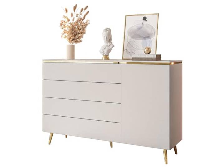 Lookway Kommode Aurora Kaschmir Matt mit Goldleiste – Hängend oder Stehend auf Goldenen Beinen – Modernes Design, Luxus & Funktionalität (schräge Gold Chrom Beine)