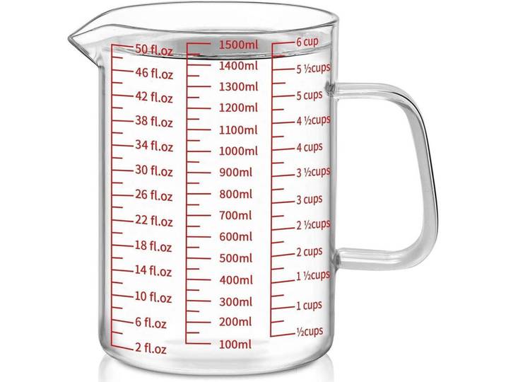 Messbecher Glas 1500 ml mit 3 Skalen, Transparent, Backen & Backzubehör, Messbecher
