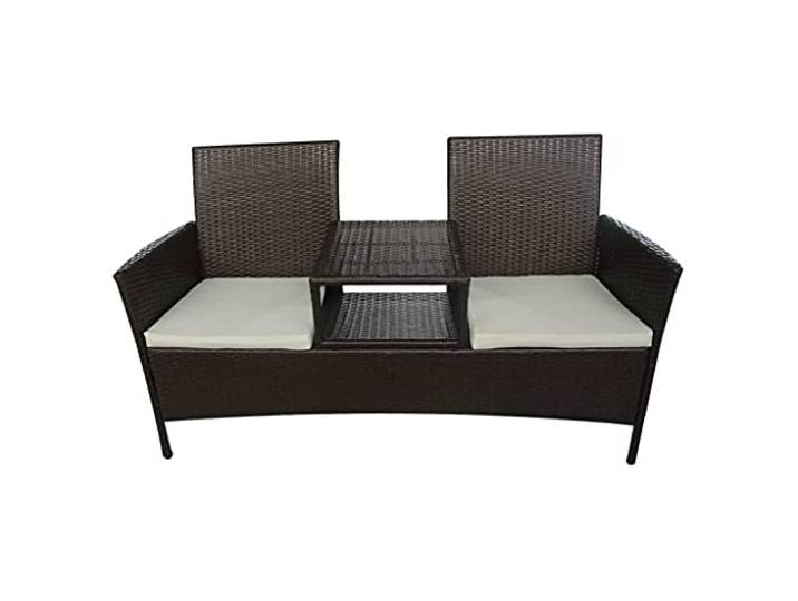 GHVBNMF 2-Sitzer Gartenbank mit Teetisch Poly Rattan Braun 152x62x85 cm Wetterfeste Sitzgruppe aus PE-Rattan mit integriertem Tisch und weichen Kissen fuer Balkon, Terrasse und Garten.