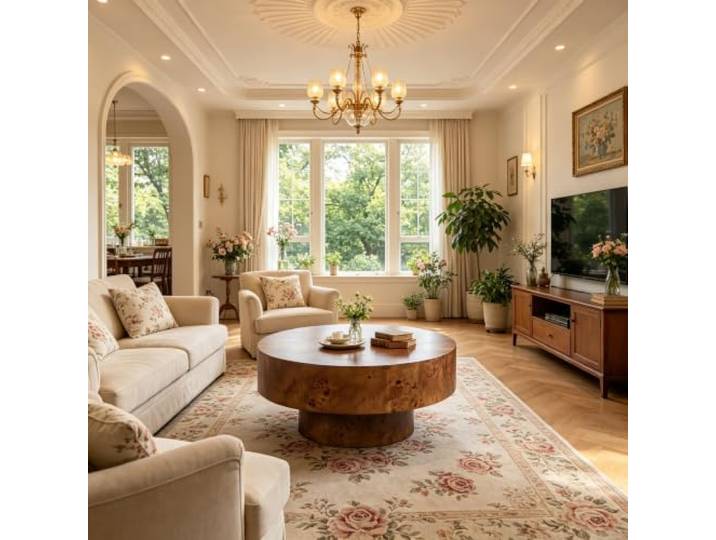 Round Coffee Table with MDF & Burl Veneer, Modern Pedestal Design for Living Room, Minimalist Low Profile Center Table (Walnut)