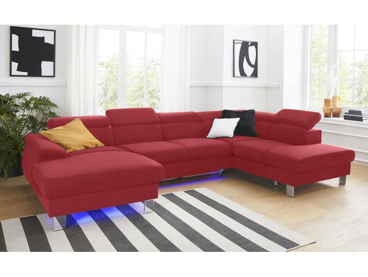 Wohnlandschaft, Microfaser PRIMABELLE, Rot, 320 cm, U-Form, Mit Bettfunktion & Bettkasten, Cotta