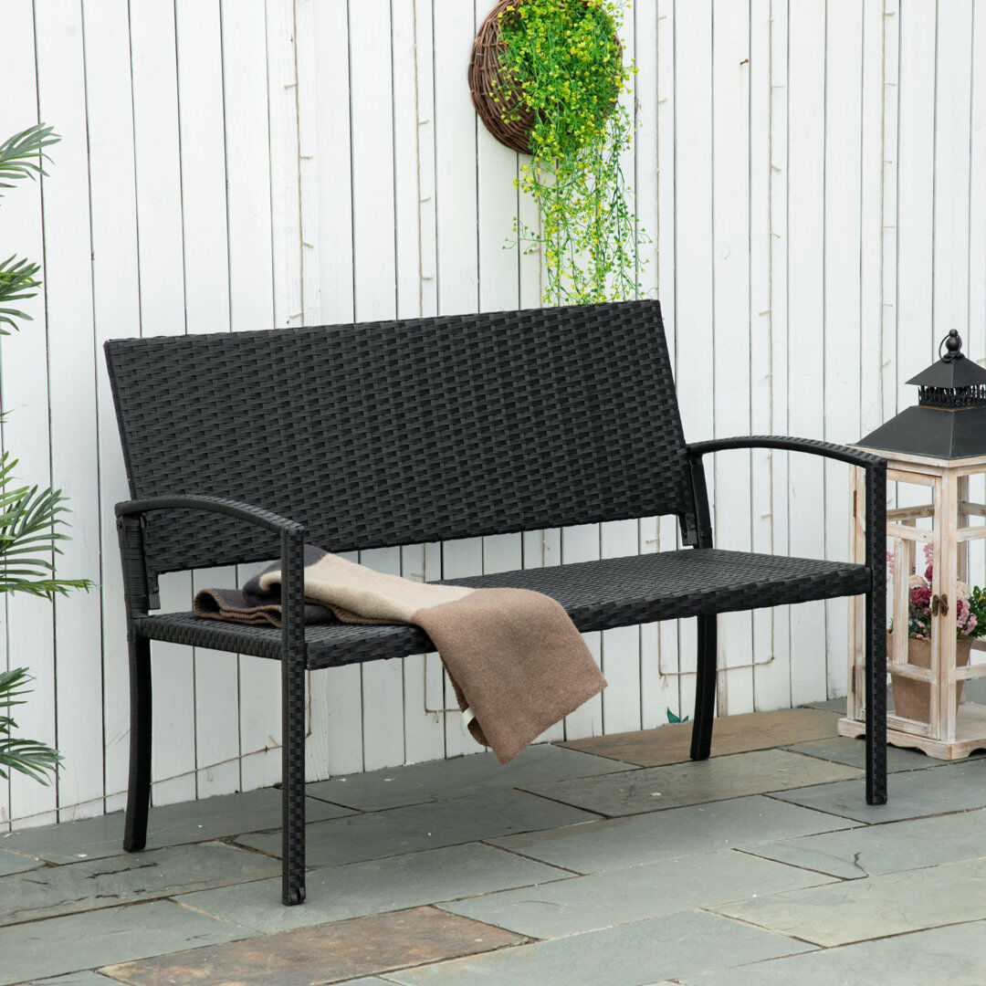 Dakota Fields Roxane 2 Seater Poly Rattan Garden Bench All Weather for Patio Black 85cm H X 122cm W X 60cm D