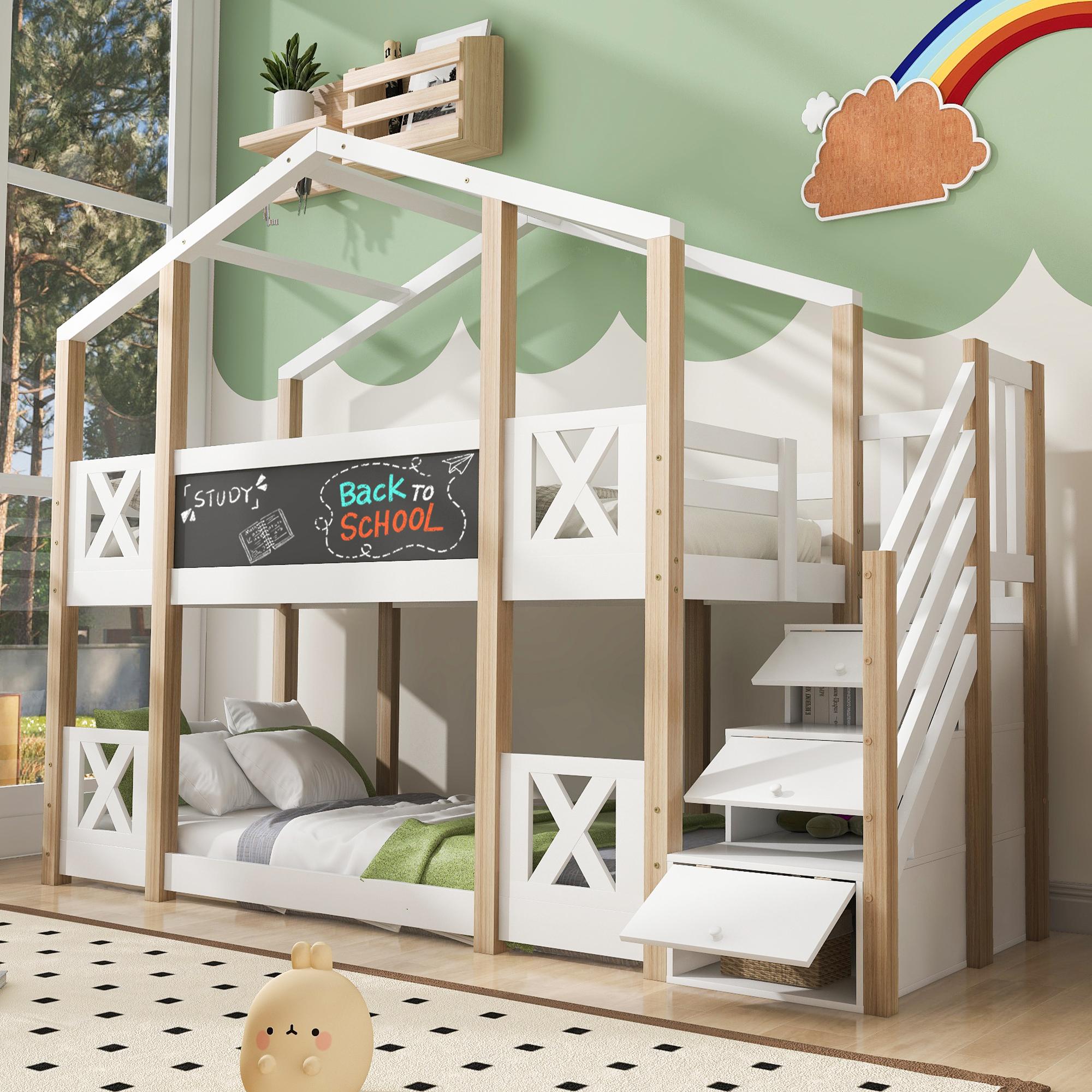 Etagenbett 90 x 200 cm,Kinderbett Baumhaus mit Treppe Stauraum und Rausfallschutz, Hochbett für Kinder- 2x Lattenrost- Natur & Weiß