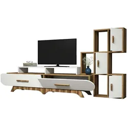 Dmora Wohnzimmermöbel Dporchi, Modulares Wohnzimmerset, Mehrzweck-Wohnzimmermöbel, Moderner TV-Schrank, 205x37h50 cm, Walnuss und Weiß