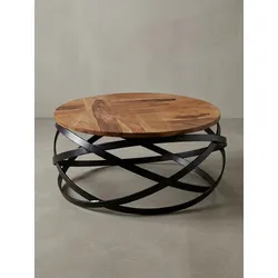 Couchtisch rund aus Massivholz und Metall in Braun, 60x30x60 cm, Industrial Design