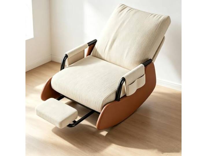 LCNDKF Schaukelsessel Modern mit Ausziehbarer Beinablage Wohnzimmersessel mit harmonischer Wippfunktion und durchdachter Seitenaufbewahrung.