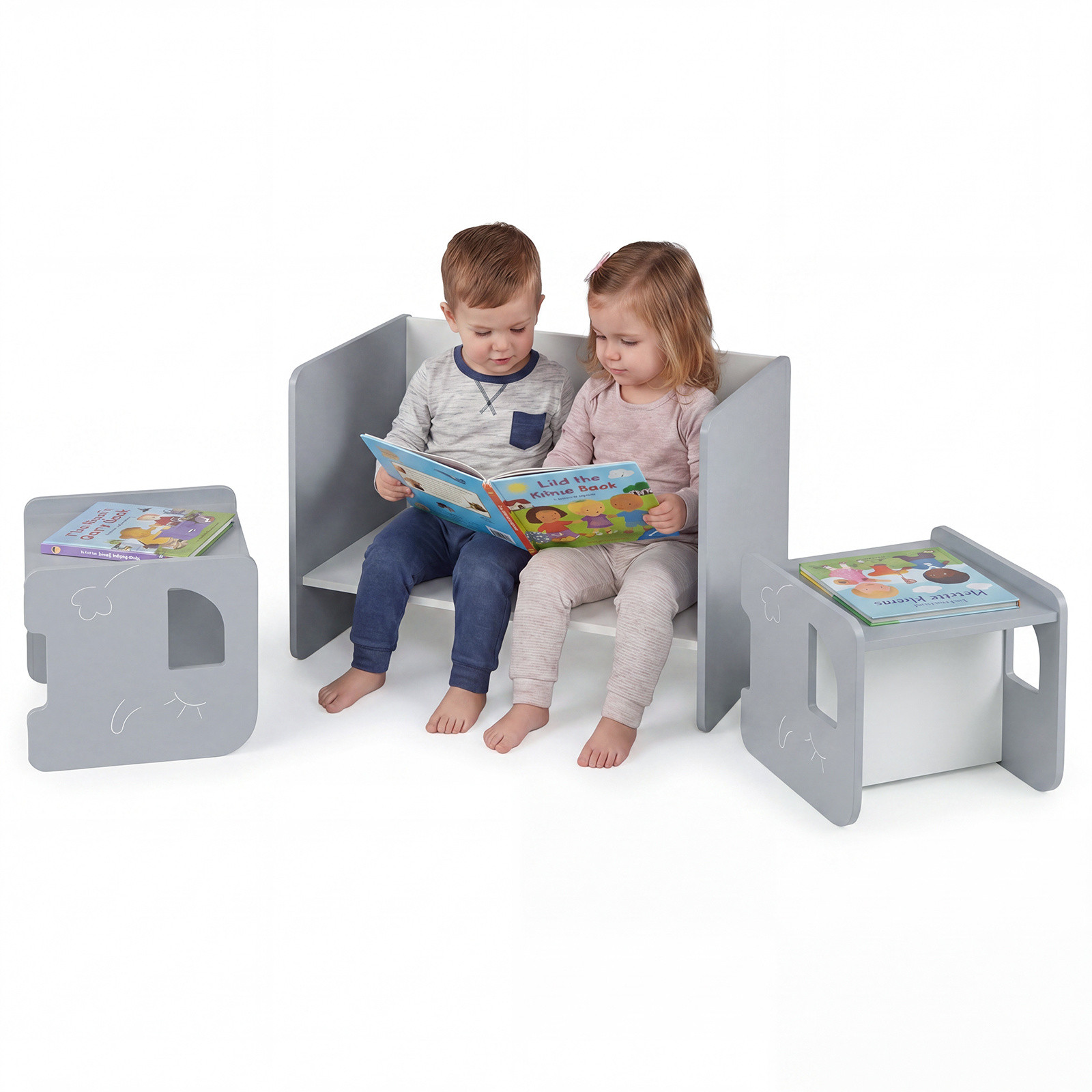 Costway Kindertafel met 2 Stoelen en Krijtbord - Grijs
