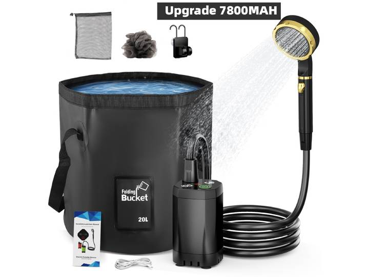 Douche de Camping Portable améliorée 7800mAh avec pompe Rechargeable, Kit de douche extérieure, sac pliable de 20L pour voyage, jardin et lavage de voiture