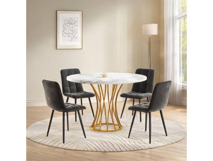 Ensemble table ronde effet marbre blanc et 4 chaises velours gris pieds dorés design moderne