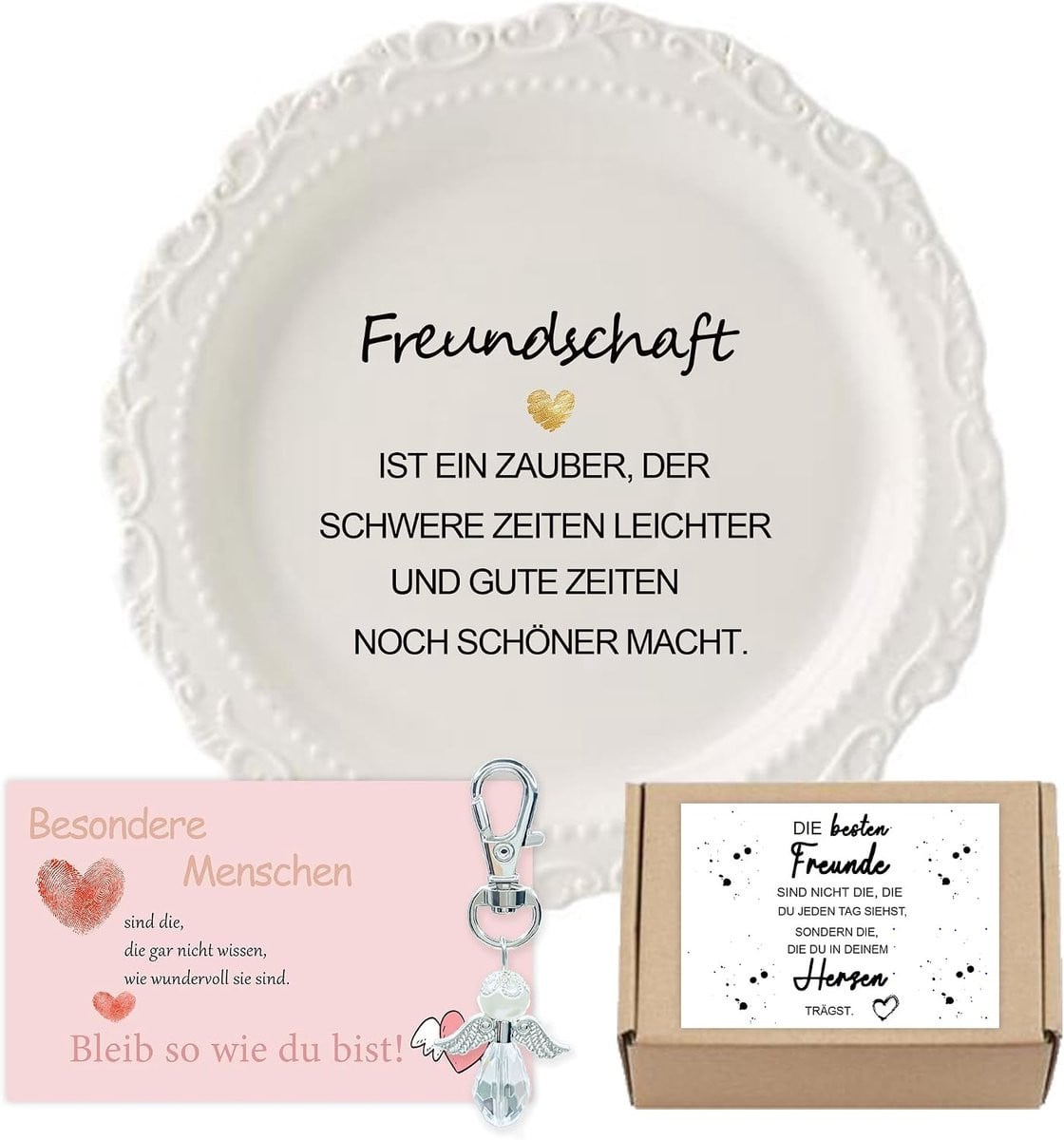 Keramisch sieradendienblad met beschermengel en wenskaart voor verjaardag of kerstmis
