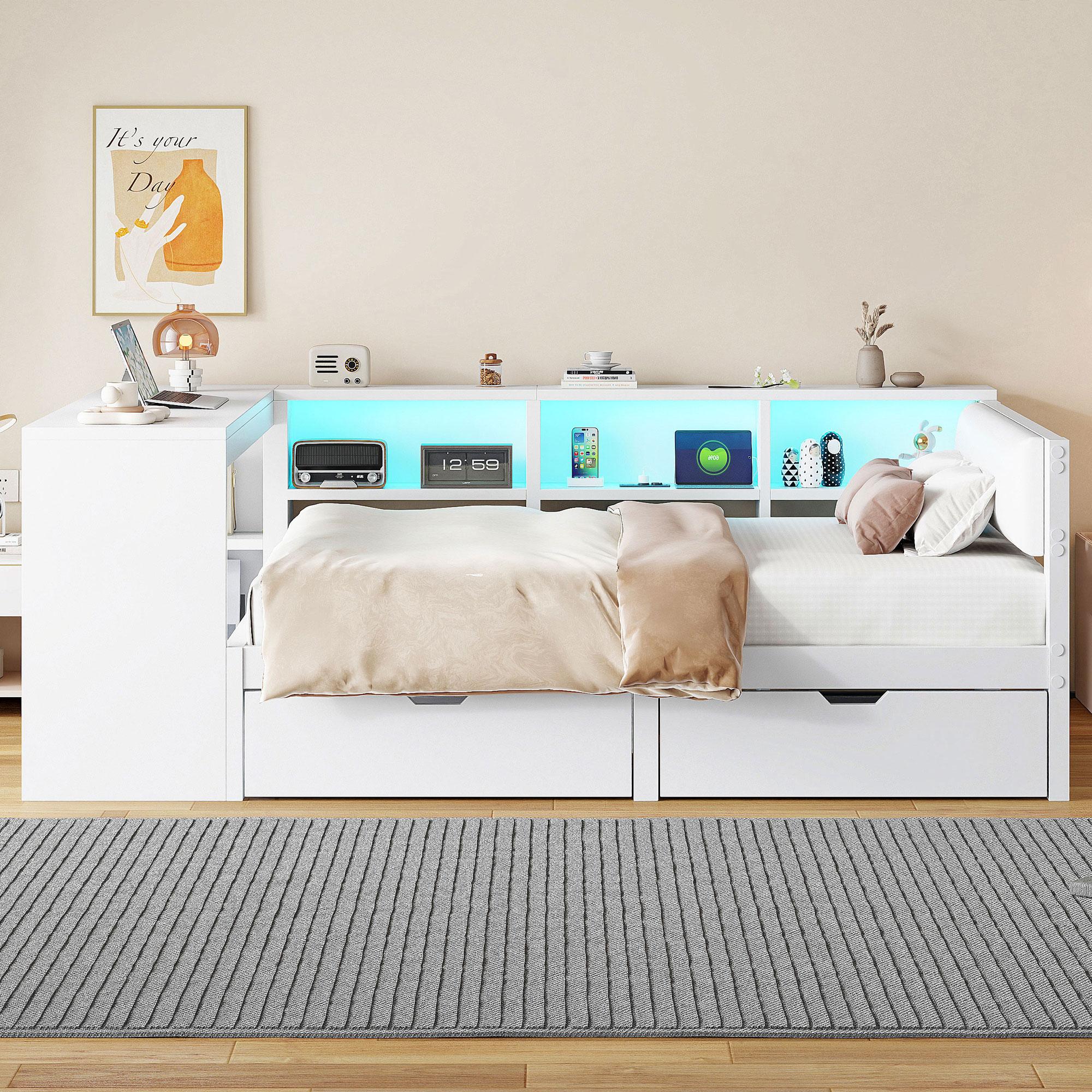 Abrihome Stauraumbett Kinderbett 140x200cm mit Schreibtisch, Bücherregal und Schubladen, Holzbett mit Lattenrost, Weiß