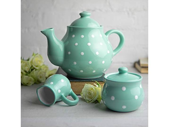 City to Cottage® - Großes Tee Set Türkis und Weiß Polka Dots Handgemacht Keramik Teekanne 1,7 Liter, Milchkännchen, Zuckerdose