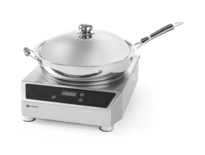 HENDI Induktionswok mit Induktionswokpfanne, ø380mm, mit einfach zu reinigendem Fettfilter, Digitale Regelung von Leistung, 230V, 3500W, 340x459x(H) 120, Edelstahl