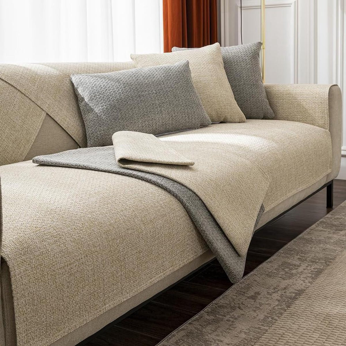 Wasbare bankhoes van katoen en linnen in beige voor het beschermen van je sofa, 90 x 178 cm