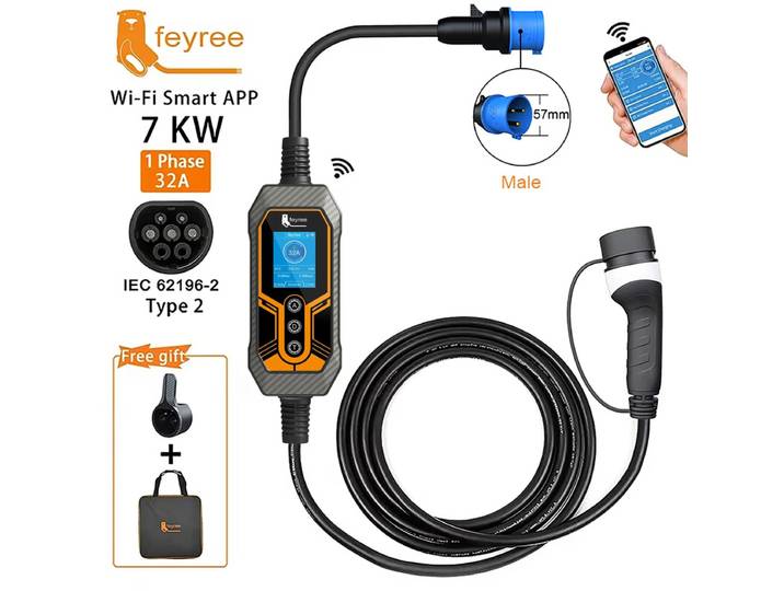 Feyree Chargeur de voiture électrique portable type 2 EVSE, avec contrôle via application Wi-Fi, courant réglable et charge intelligente - 32 A / 7 kW