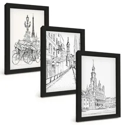 BILDER SET 3er Set - 20x30 cm Schwarzer Rahmen - Einfache Zeichnungen von Stadtlandschaften