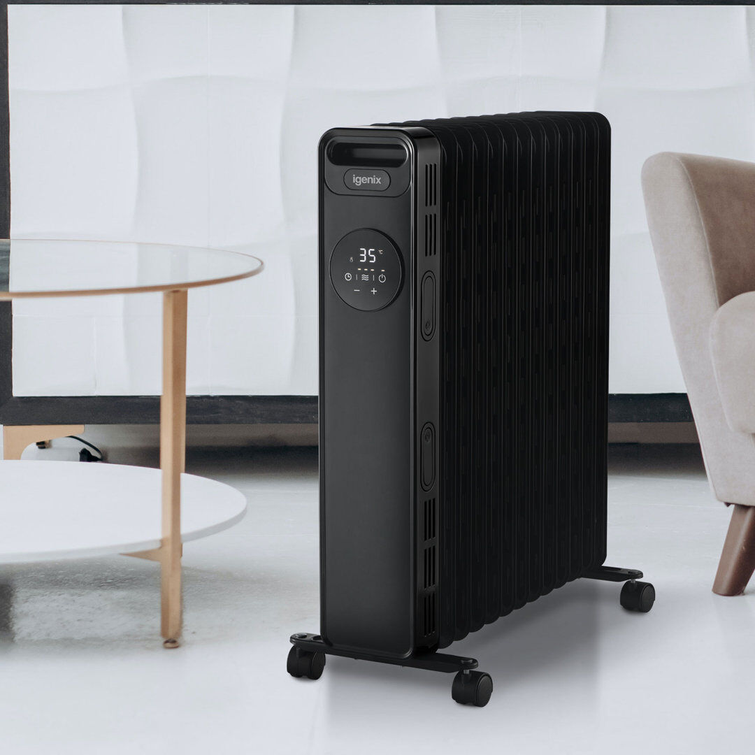 Igenix 2500W Digital Oil filled Radiator White Black 63.5cm H X 24cm W X 39cm D