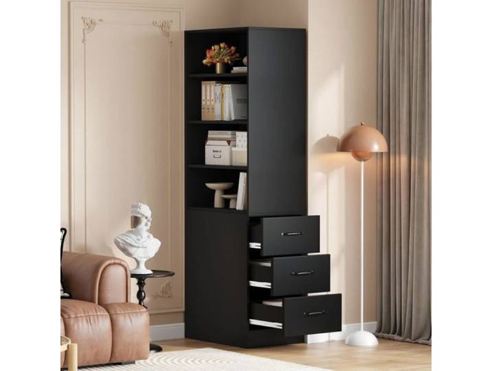 Bibliothèque - Bibliothèque Haute avec Étagères Réglables et Tiroirs Colonne de Rangement Étroit pour Salon ！ noir BIBLIOTHEQUE