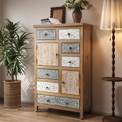 Abrihome "27.56"" Vintage Tall Wooden Multicolor Carved Storage Dresser with 6 Drawers and 2 Doors"
