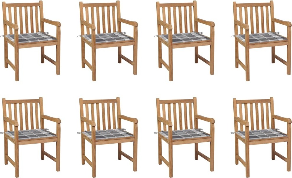 Gartenstühle 8 Stk. Graue Karomuster-Kissen Massivholz Teak