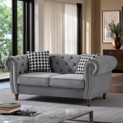 Velvet Chesterfield Sofa with Roll Arms and Nailhead Trim