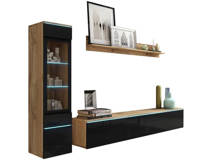 Wohnwand, Eiche Wotan & Schwarz Hochglanz, 210x130x33 cm, Glas & Holzwerkstoff, 3-teilig, Stehend & Hängend, Beleuchtung