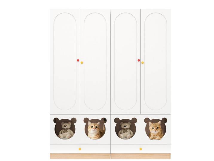 Flieks Kinder-Kleiderschrank 80x50x200cm Weiß + Natur mit Katzenbett Keramikgriffe, Mehrfarbig, Holz, 50x200x80 cm, Babymöbel & Kindermöbel, Babyzimmer, Babykleiderschränke