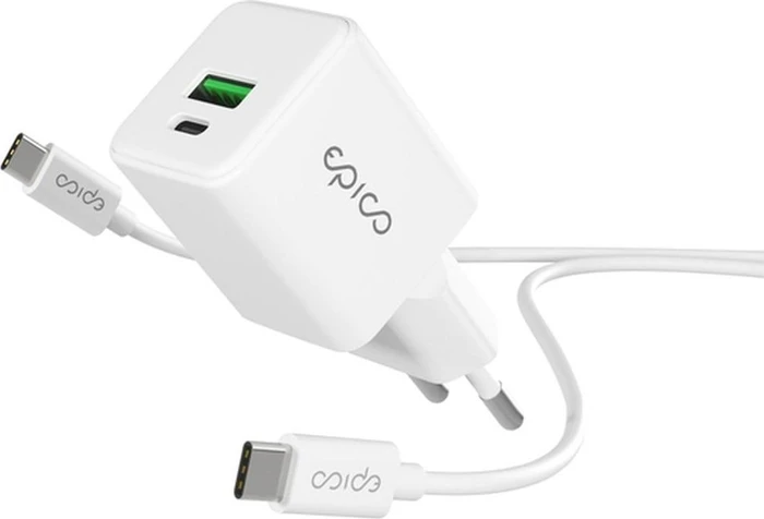 Epico UltraBoost EA10 20W GaN Power Adapter mit 1,2m USB-C auf USB-C Kabel - weiß